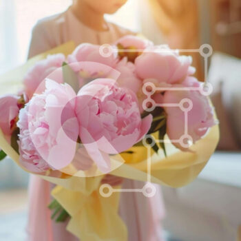 Intra Συλλεκτικό Ξύλινο Παζλ Plywood  4mm - Νεαρό κορίτσι με ροζ παιώνιες στο σαλόνι Σε Ξύλινο Κουτί - Διαστάσεις Puzzle: 10x10 cm – 25 κομμάτια - Image 1