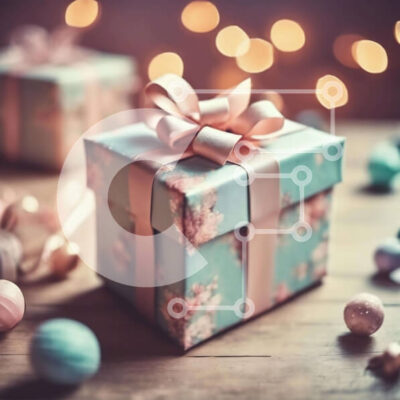 Intra Συλλεκτικό Ξύλινο Παζλ Plywood  4mm - Γιορτινό μπλε και ροζ κουτί δώρου με χριστουγεννιάτικα στολίδια Σε Ξύλινο Κουτί - Διαστάσεις: 10x10 cm – 25 κομμάτια - Image 1