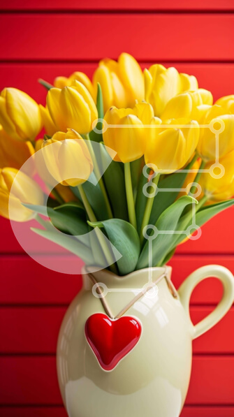 Intra Συλλεκτικό Ξύλινο Παζλ Plywood  4mm - Κίτρινες τουλίπες σε βάζο με γούρι καρδιάς σε κόκκινο φόντο Σε Ξύλινο Κουτί - Διαστάσεις Puzzle: 10x10 cm – 25 κομμάτια