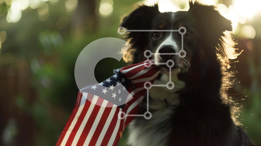 Intra Συλλεκτικό Ξύλινο Παζλ Plywood  4mm - Ασπρόμαυρος σκύλος που γιορτάζει την 4η Ιουλίου με αμερικανική σημαία Σε Ξύλινο Κουτί - Διαστάσεις: 10x10 cm – 25 κομμάτια