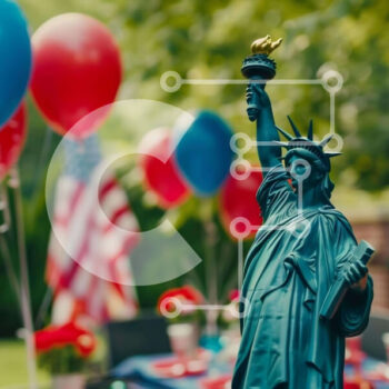 Intra Συλλεκτικό Ξύλινο Παζλ Plywood  4mm - Άγαλμα της ελευθερίας με κόκκινα, λευκά και μπλε μπαλόνια Σε Ξύλινο Κουτί - Διαστάσεις: 10x10 cm – 25 κομμάτια - Image 1