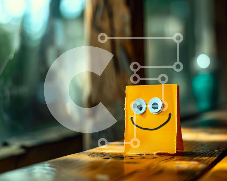 Intra Συλλεκτικό Ξύλινο Παζλ Plywood  4mm - Πορτοκαλί χάρτινο χαμογελαστό πρόσωπο σε ξύλινο τραπέζι Σε Ξύλινο Κουτί - Διαστάσεις: 10x10 cm – 25 κομμάτια