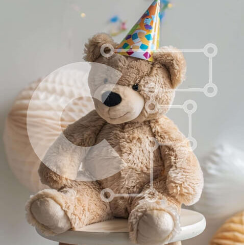 Intra Συλλεκτικό Ξύλινο Παζλ Plywood 4mm - Χαρούμενο αρκουδάκι με καπέλο για πάρτι και μπαλόνια Σε Ξύλινο Κουτί - Διαστάσεις Puzzle: 10x10 cm – 25 κομμάτια - Image 1