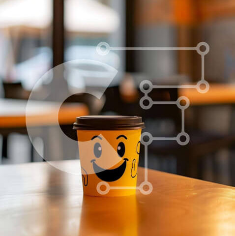 Intra Συλλεκτικό Ξύλινο Παζλ Plywood  4mm - Κίτρινο φλιτζάνι με χαμογελαστό πρόσωπο σε ξύλινο τραπέζι στο άδειο εστιατόριο Σε Ξύλινο Κουτί - Διαστάσεις: 10x10 cm – 25 κομμάτια - Image 1