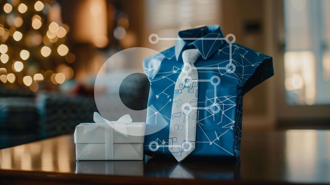 Intra Συλλεκτικό Ξύλινο Παζλ Plywood  4mm - Κομψές διακοσμήσεις με μπλε γραβάτα και χριστουγεννιάτικο δέντρο Σε Ξύλινο Κουτί - Διαστάσεις: 10x10 cm – 25 κομμάτια