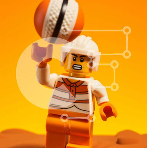 Intra Συλλεκτικό Ξύλινο Παζλ Plywood 4mm - Φιγούρα Lego που παίζει με πορτοκαλί μπάλα Σε Ξύλινο Κουτί - Διαστάσεις Puzzle: 10x10 cm – 25 κομμάτια - Image 1