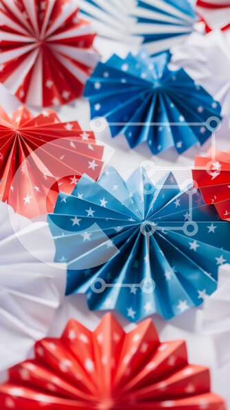 Intra Συλλεκτικό Ξύλινο Παζλ Plywood  4mm - Κόκκινοι, άσπροι ​​και μπλε ανεμιστήρες χαρτιού Origami σε σχηματισμό αμερικανικής σημαίας Σε Ξύλινο Κουτί - Διαστάσεις Puzzle: 10x10 cm – 25 κομμάτια