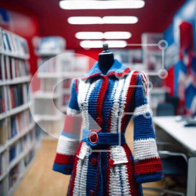 Intra Συλλεκτικό Ξύλινο Παζλ Plywood  4mm - Παλτό με κροσέ κόκκινο, λευκό και μπλε που εμφανίζεται σε ένα άδειο δωμάτιο Σε Ξύλινο Κουτί - Διαστάσεις Puzzle: 10x10 cm – 25 κομμάτια - Image 1