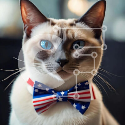 Intra Συλλεκτικό Ξύλινο Παζλ Plywood  4mm - Γάτα Σιάμ με παπιγιόν με θέμα την αμερικανική σημαία Σε Ξύλινο Κουτί - Διαστάσεις: 10x10 cm – 25 κομμάτια - Image 1