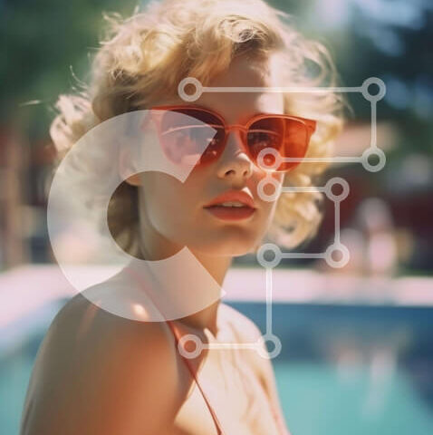 Intra Συλλεκτικό Ξύλινο Παζλ Plywood  4mm - Κομψή γυναίκα δίπλα στην πισίνα με γυαλιά ηλίου Σε Ξύλινο Κουτί - Διαστάσεις Puzzle: 10x10 cm – 25 κομμάτια - Image 1