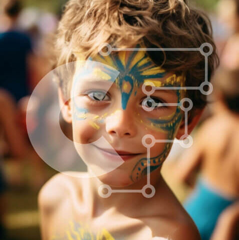 Intra Συλλεκτικό Ξύλινο Παζλ Plywood  4mm - Νεαρό αγόρι με μπλε και κίτρινο χρώμα σε υπαίθρια εκδήλωση Σε Ξύλινο Κουτί - Διαστάσεις Puzzle: 10x10 cm – 25 κομμάτια - Image 1