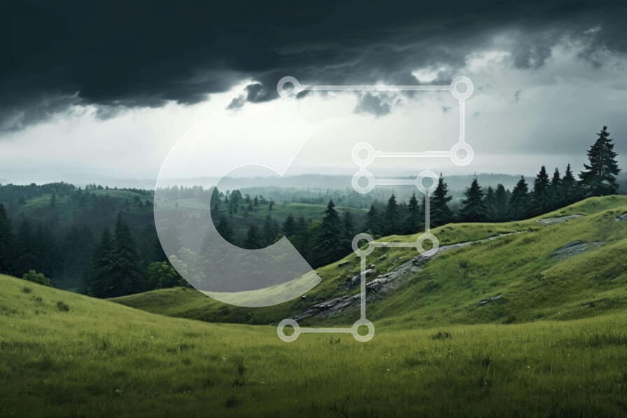 Intra Συλλεκτικό Ξύλινο Παζλ Plywood  4mm - Πράσινος χορταριασμένος λόφος με δέντρα και σύννεφα καταιγίδας Σε Ξύλινο Κουτί - Διαστάσεις: 10x10 cm – 25 κομμάτια