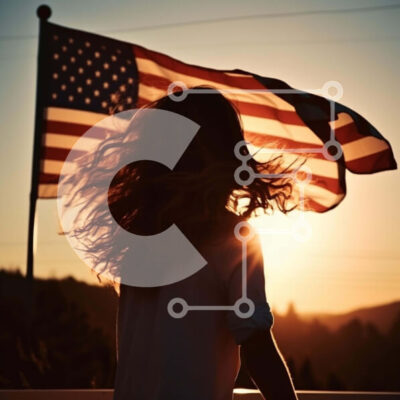 Intra Συλλεκτικό Ξύλινο Παζλ Plywood  4mm - Πατριωτική γυναίκα με φουσκωμένα μαλλιά δίπλα στην αμερικανική σημαία Σε Ξύλινο Κουτί - Διαστάσεις Puzzle: 10x10 cm – 25 κομμάτια - Image 1