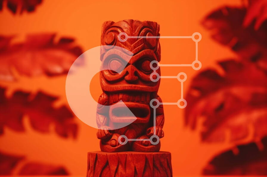 Intra Συλλεκτικό Ξύλινο Παζλ Plywood  4mm - Ξύλινο τοτέμ Tiki σε πορτοκαλί φόντο Σε Ξύλινο Κουτί - Διαστάσεις Puzzle: 10x10 cm – 25 κομμάτια