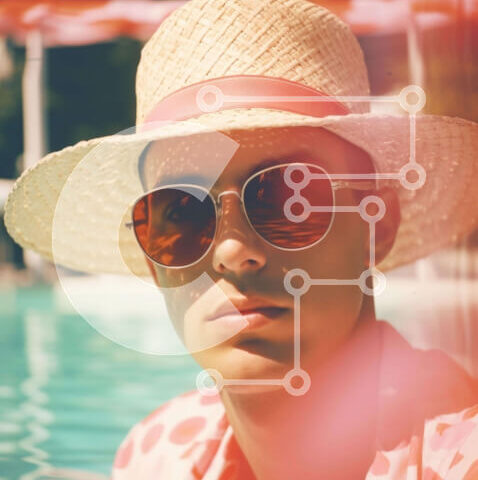 Intra Συλλεκτικό Ξύλινο Παζλ Plywood  4mm - Νεαρός δίπλα στην πισίνα με γυαλιά ηλίου και ψάθινο καπέλο Σε Ξύλινο Κουτί - Διαστάσεις Puzzle: 10x10 cm – 25 κομμάτια - Image 1