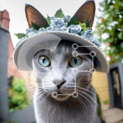 Intra Συλλεκτικό Ξύλινο Παζλ Plywood  4mm - Γκρίζα γάτα που φορά λουλουδάτο λευκό καπέλο με μπλε μάτια Σε Ξύλινο Κουτί - Διαστάσεις: 10x10 cm – 25 κομμάτια - Image 1