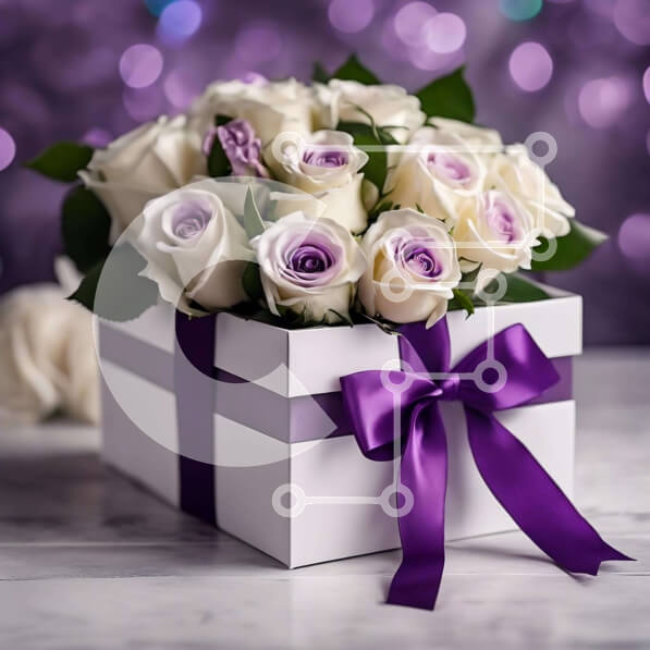 Intra Συλλεκτικό Ξύλινο Παζλ Plywood  4mm - Κομψό μπουκέτο λευκό τριαντάφυλλο με μωβ κορδέλα Σε Ξύλινο Κουτί - Διαστάσεις: 10x10 cm – 25 κομμάτια