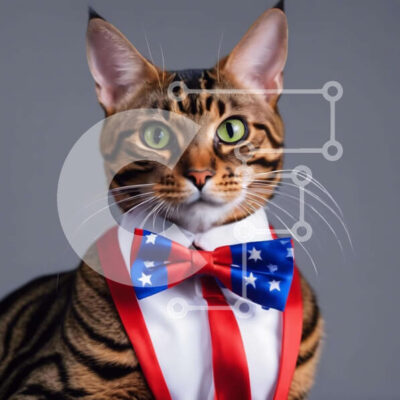 Intra Συλλεκτικό Ξύλινο Παζλ Plywood  4mm - Γάτα της Βεγγάλης που φορά παπιγιόν με αμερικανική σημαία Σε Ξύλινο Κουτί - Διαστάσεις: 10x10 cm – 25 κομμάτια - Image 1