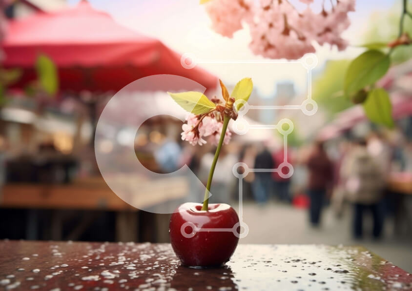 Intra Συλλεκτικό Ξύλινο Παζλ Plywood  4mm - Κόκκινο κεράσι σε υπαίθριο τραπέζι με ανθρώπους και ομπρέλες Σε Ξύλινο Κουτί - Διαστάσεις: 10x10 cm – 25 κομμάτια