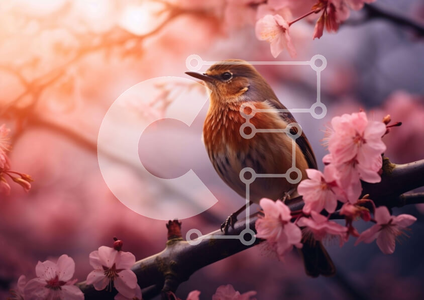 Intra Συλλεκτικό Ξύλινο Παζλ Plywood  4mm - Μικρό πουλί σε κλαδί μηλιάς με ροζ άνθη Σε Ξύλινο Κουτί - Διαστάσεις: 10x10 cm – 25 κομμάτια