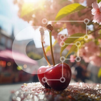 Intra Συλλεκτικό Ξύλινο Παζλ Plywood  4mm - Φρέσκα κεράσια σε γυάλινο τραπέζι με ροζ λουλούδια Σε Ξύλινο Κουτί - Διαστάσεις: 10x10 cm – 25 κομμάτια - Image 1