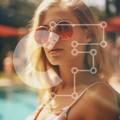 Intra Συλλεκτικό Ξύλινο Παζλ Plywood 4mm - Κομψή γυναίκα που ποζάρει δίπλα στην εξωτερική πισίνα Σε Ξύλινο Κουτί - Διαστάσεις Puzzle: 10x10 cm – 25 κομμάτια - Image 1