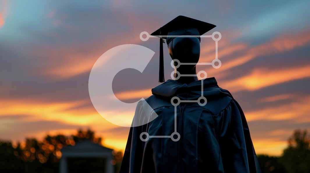 Intra Συλλεκτικό Ξύλινο Παζλ Plywood  4mm - Καπέλο και φόρεμα αποφοίτησης σιλουέτα ενάντια στο ηλιοβασίλεμα Σε Ξύλινο Κουτί - Διαστάσεις Puzzle: 10x10 cm – 25 κομμάτια