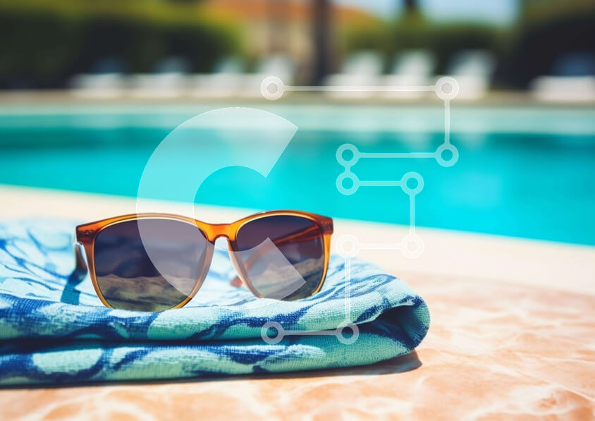 Intra Συλλεκτικό Ξύλινο Παζλ Plywood  4mm - Ήσυχη σκηνή δίπλα στην πισίνα με γυαλιά ηλίου και ξαπλώστρες Σε Ξύλινο Κουτί - Διαστάσεις Puzzle: 10x10 cm – 25 κομμάτια