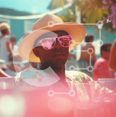 Intra Συλλεκτικό Ξύλινο Παζλ Plywood  4mm - Άνδρας με γυαλιά ηλίου που κάθεται σε υπαίθριο τραπέζι με ανθρώπους Σε Ξύλινο Κουτί - Διαστάσεις Puzzle: 10x10 cm – 25 κομμάτια - Image 1