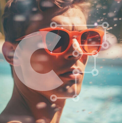 Intra Συλλεκτικό Ξύλινο Παζλ Plywood 4mm - Νεαρός άνδρας δίπλα στην πισίνα με κόκκινα γυαλιά ηλίου Σε Ξύλινο Κουτί - Διαστάσεις Puzzle: 10x10 cm – 25 κομμάτια - Image 1