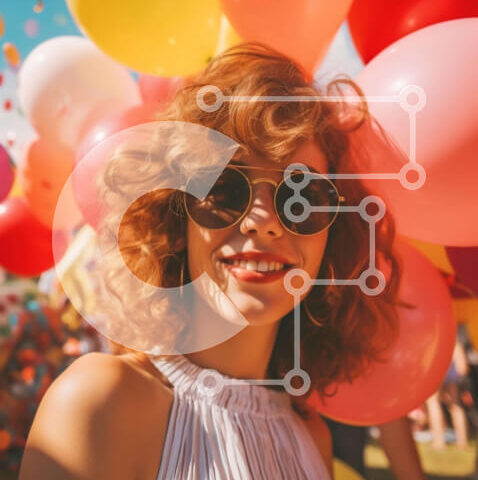 Intra Συλλεκτικό Ξύλινο Παζλ Plywood 4mm - Γυναίκα με γυαλιά ηλίου που περιβάλλεται από πολύχρωμα μπαλόνια Σε Ξύλινο Κουτί - Διαστάσεις Puzzle: 10x10 cm – 25 κομμάτια - Image 1