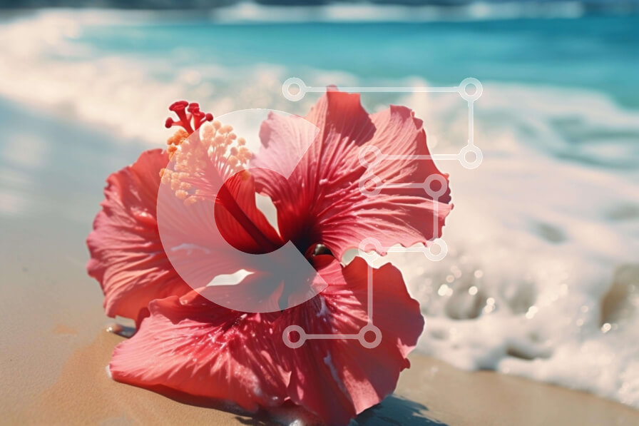 Intra Συλλεκτικό Ξύλινο Παζλ Plywood  4mm - Ροζ λουλούδι ιβίσκου στην αμμώδη παραλία Σε Ξύλινο Κουτί - Διαστάσεις: 10x10 cm – 25 κομμάτια