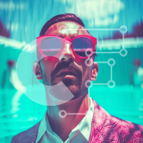 Intra Συλλεκτικό Ξύλινο Παζλ Plywood  4mm - Κομψός άντρας με ροζ γυαλιά ηλίου δίπλα στην πισίνα Σε Ξύλινο Κουτί - Διαστάσεις Puzzle: 10x10 cm – 25 κομμάτια - Image 1