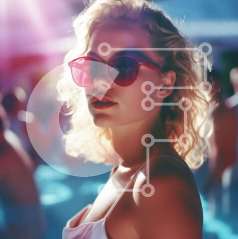 Intra Συλλεκτικό Ξύλινο Παζλ Plywood  4mm - Γυναίκα με ροζ γυαλιά ηλίου στο πάρτι στην πισίνα Σε Ξύλινο Κουτί - Διαστάσεις Puzzle: 10x10 cm – 25 κομμάτια - Image 1