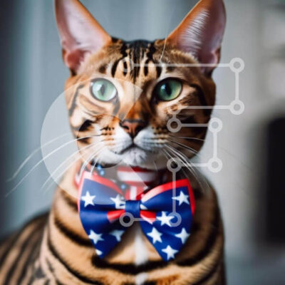 Intra Συλλεκτικό Ξύλινο Παζλ Plywood  4mm - Γάτα της Βεγγάλης με παπιγιόν αμερικανικής σημαίας Σε Ξύλινο Κουτί - Διαστάσεις: 10x10 cm – 25 κομμάτια - Image 1