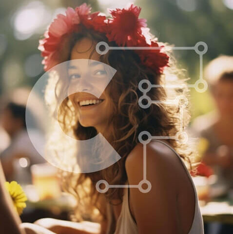 Intra Συλλεκτικό Ξύλινο Παζλ Plywood  4mm - Νεαρή γυναίκα με λουλούδια σε υπαίθρια συγκέντρωση Σε Ξύλινο Κουτί - Διαστάσεις Puzzle: 10x10 cm – 25 κομμάτια - Image 1