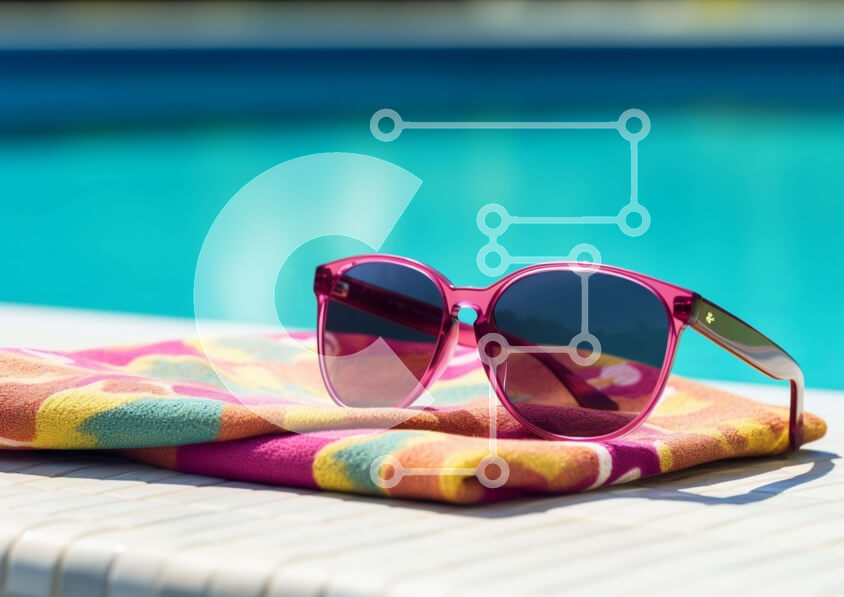 Intra Συλλεκτικό Ξύλινο Παζλ Plywood  4mm - Κομψά ροζ γυαλιά ηλίου σε πορτοκαλί πετσέτα δίπλα στην πισίνα Σε Ξύλινο Κουτί - Διαστάσεις Puzzle: 10x10 cm – 25 κομμάτια