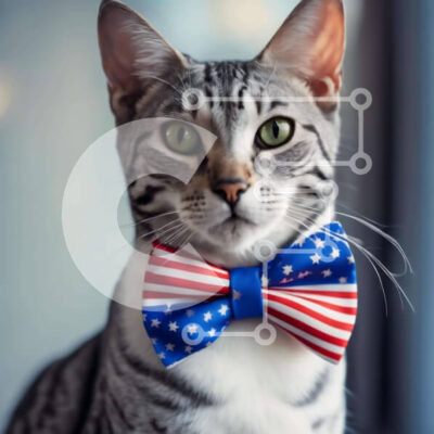 Intra Συλλεκτικό Ξύλινο Παζλ Plywood 4mm - Γάτα που φορά παπιγιόν με αμερικανική σημαία Σε Ξύλινο Κουτί - Διαστάσεις: 10x10 cm – 25 κομμάτια - Image 1