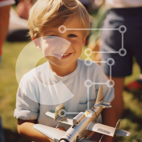 Intra Συλλεκτικό Ξύλινο Παζλ Plywood 4mm - Μοντέλο αεροπλάνου κρατώντας νεαρό αγόρι Σε Ξύλινο Κουτί - Διαστάσεις Puzzle: 10x10 cm – 25 κομμάτια - Image 1