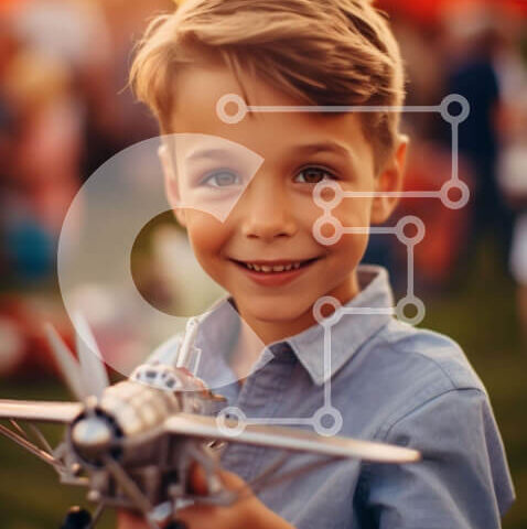 Intra Συλλεκτικό Ξύλινο Παζλ Plywood  4mm - Νεαρό αγόρι με παιχνίδι μοντέλο αεροπλάνου Σε Ξύλινο Κουτί - Διαστάσεις Puzzle: 10x10 cm – 25 κομμάτια - Image 1