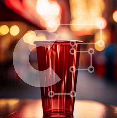 Intra Συλλεκτικό Ξύλινο Παζλ Plywood  4mm - Κόκκινο πλαστικό κύπελλο σε υπαίθριο τραπέζι με ανθρώπους Σε Ξύλινο Κουτί - Διαστάσεις Puzzle: 10x10 cm – 25 κομμάτια - Image 1