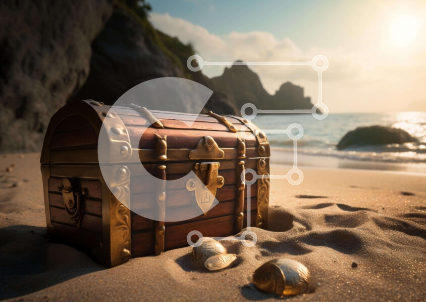 Intra Συλλεκτικό Ξύλινο Παζλ Plywood  4mm - Ξύλινο σεντούκι στην αμμώδη παραλία με κοχύλια και χρυσά νομίσματα Σε Ξύλινο Κουτί - Διαστάσεις: 10x10 cm – 25 κομμάτια