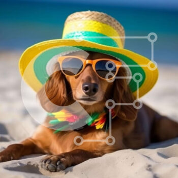 Intra Συλλεκτικό Ξύλινο Παζλ Plywood  4mm - Καφέ σκυλί με πολύχρωμο καπέλο και γυαλιά ηλίου στην παραλία Σε Ξύλινο Κουτί - Διαστάσεις Puzzle: 10x10 cm – 25 κομμάτια - Image 1