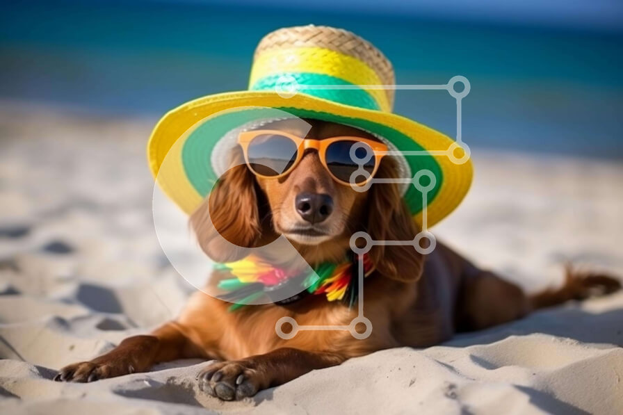 Intra Συλλεκτικό Ξύλινο Παζλ Plywood  4mm - Καφέ σκυλί με πολύχρωμο καπέλο και γυαλιά ηλίου στην παραλία Σε Ξύλινο Κουτί - Διαστάσεις Puzzle: 10x10 cm – 25 κομμάτια