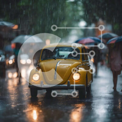 Intra Συλλεκτικό Ξύλινο Παζλ Plywood 4mm - Κίτρινο σκαθάρι Volkswagen στη βροχή Σε Ξύλινο Κουτί - Διαστάσεις Puzzle: 10x10 cm – 25 κομμάτια - Image 1