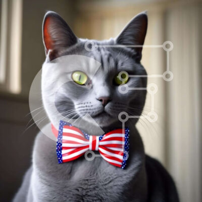 Intra Συλλεκτικό Ξύλινο Παζλ Plywood  4mm - Γκρι γάτα με παπιγιόν με αμερικανική σημαία Σε Ξύλινο Κουτί - Διαστάσεις: 10x10 cm – 25 κομμάτια - Image 1