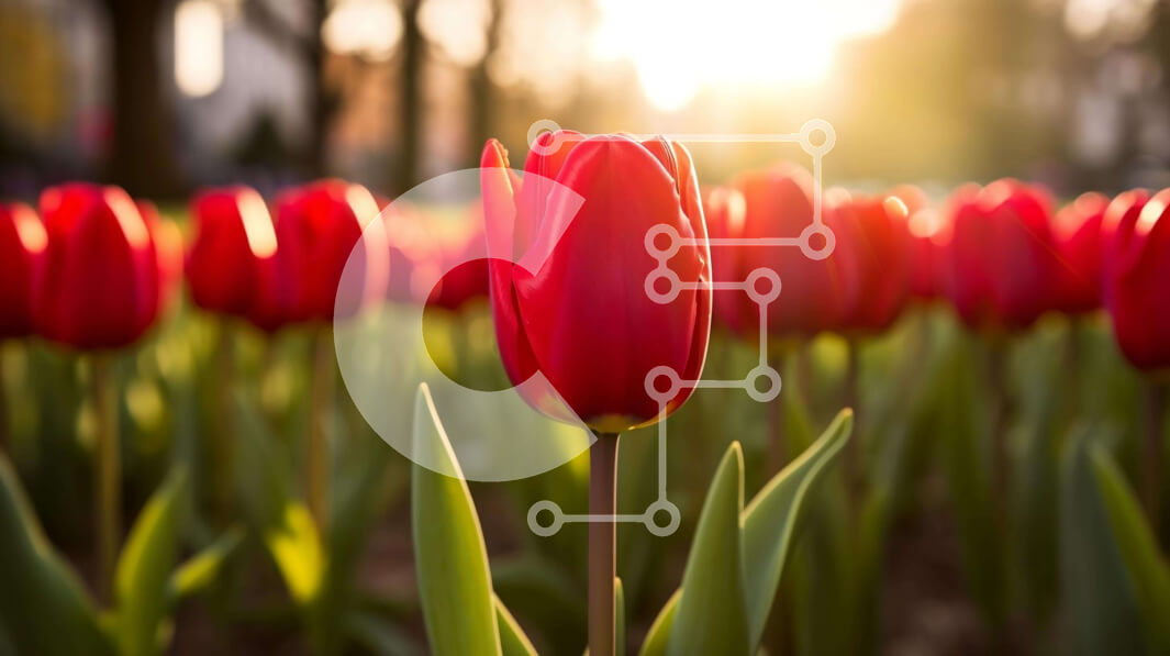 Intra Συλλεκτικό Ξύλινο Παζλ Plywood  4mm - Πεδίο με κόκκινες τουλίπες σε άνθιση με το φως του ήλιου Σε Ξύλινο Κουτί - Διαστάσεις: 10x10 cm – 25 κομμάτια