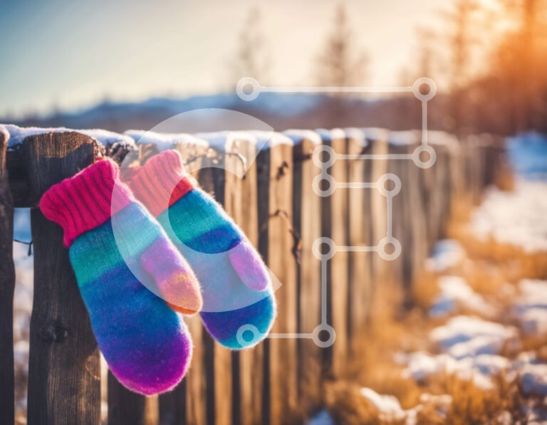 Intra Συλλεκτικό Ξύλινο Παζλ Plywood  4mm - Πολύχρωμα γάντια που κρέμονται σε έναν ξύλινο φράκτη στο χιονισμένο τοπίο Σε Ξύλινο Κουτί - Διαστάσεις Puzzle: 10x10 cm – 25 κομμάτια