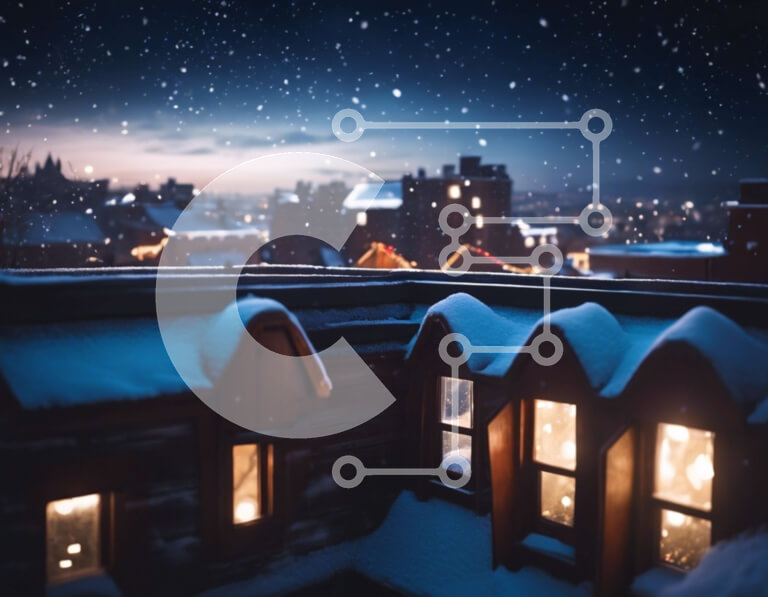 Intra Συλλεκτικό Ξύλινο Παζλ Plywood  4mm - Χιονισμένη ταράτσα τη νύχτα με φωτισμένα κτίρια και στολισμένη πόλη Σε Ξύλινο Κουτί - Διαστάσεις Puzzle: 10x10 cm – 25 κομμάτια