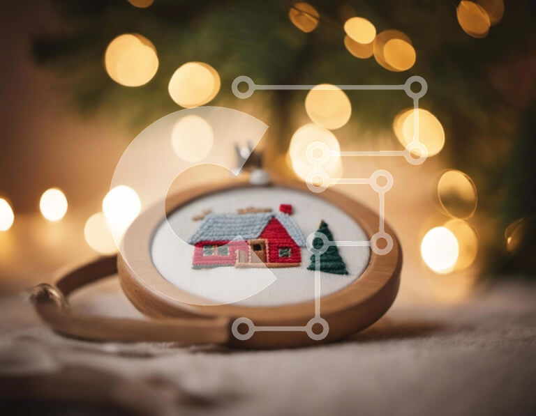 Intra Συλλεκτικό Ξύλινο Παζλ Plywood  4mm - Κέντημα τσέρκι με σπιτάκι και γιορτινά φωτάκια Σε Ξύλινο Κουτί - Διαστάσεις: 10x10 cm – 25 κομμάτια